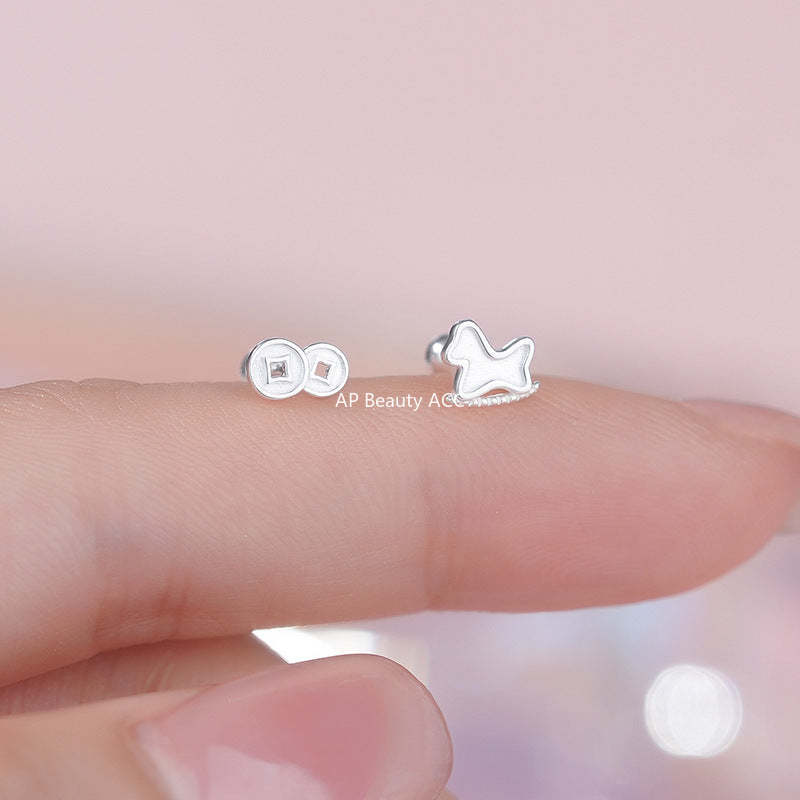 D廠-S999足銀木馬銅錢耳環新中式簡約氣質本命年氣質小眾耳飾批發「YC2891E_1」25.11-3