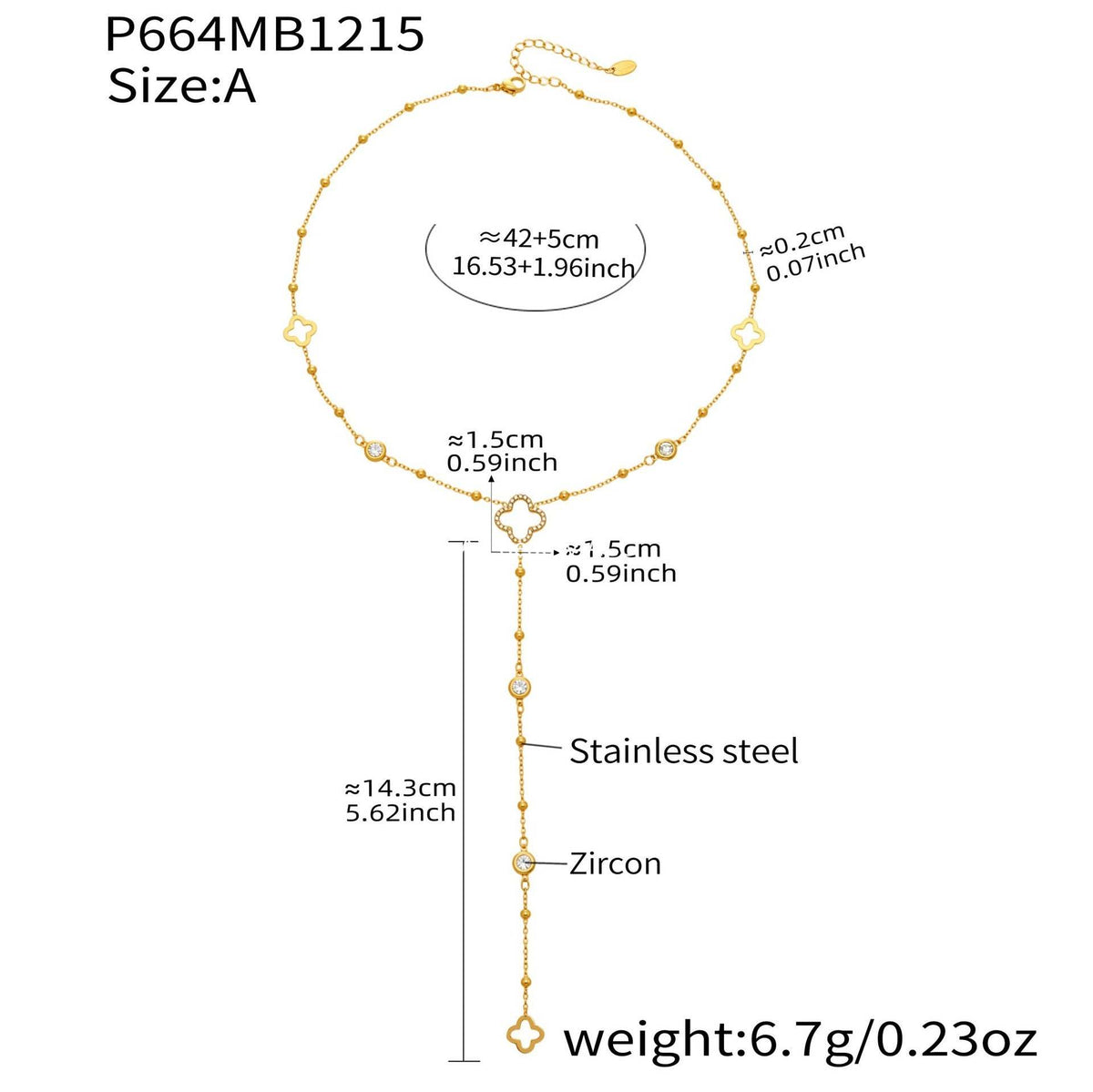 B廠-不鏽鋼5A鋯石Y字花朵流蘇項鍊鍍18k真金歐美時尚簡約輕奢珠寶首飾「P664」25.12-3