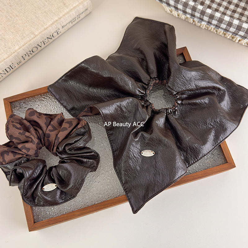 E廠-韓國ins風咖色豹紋拼接大腸髮圈女秋冬氛圍感氣質低馬尾頭繩髮飾「27622」25.11-1