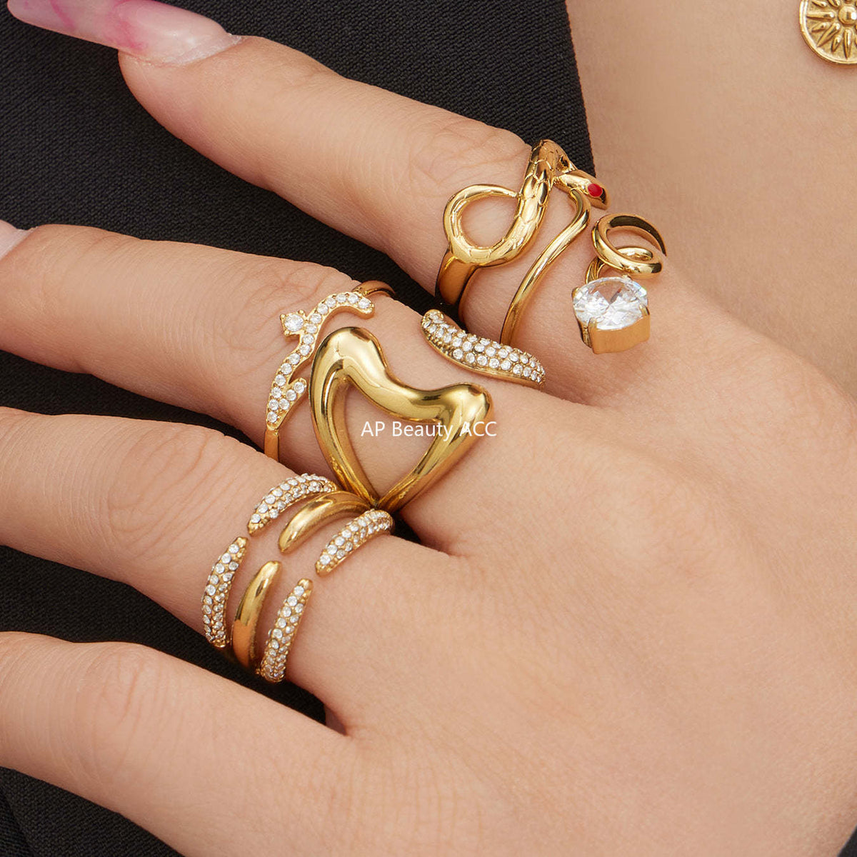 B廠-不鏽鋼細鑽鑲嵌鋯石開口戒指組合鍍18k真金INS小眾時尚設計手飾品「A382-A-A622-A674」25.12-3