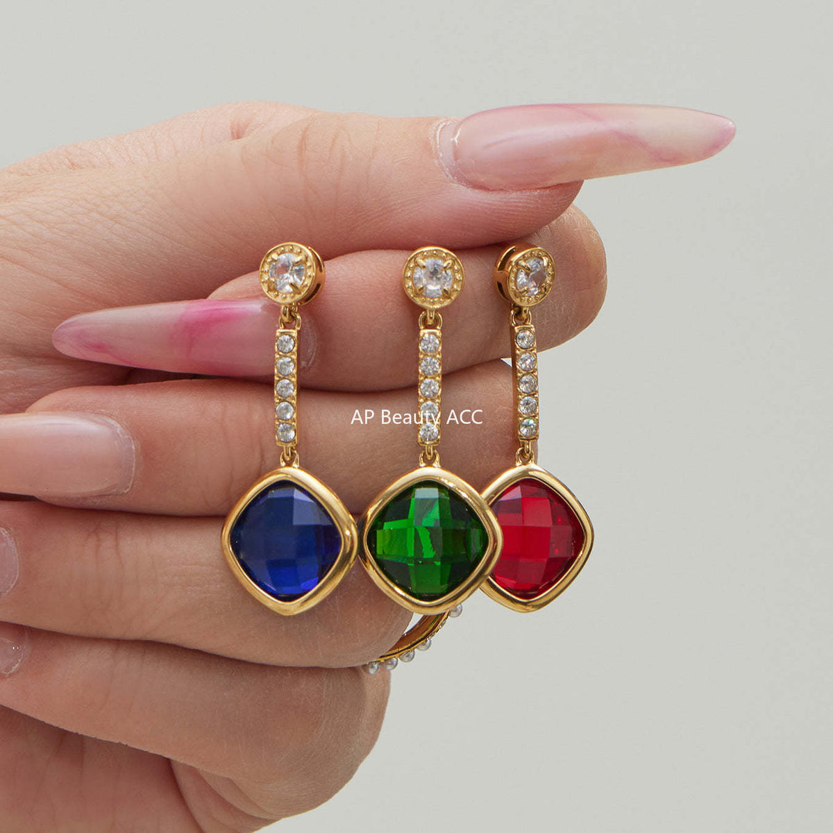 B廠-不鏽鋼四葉花鑲鋯石切麵包邊石頭手鍊長款毛衣鏈項鍊耳環首飾套裝「TXP509」25.12-1