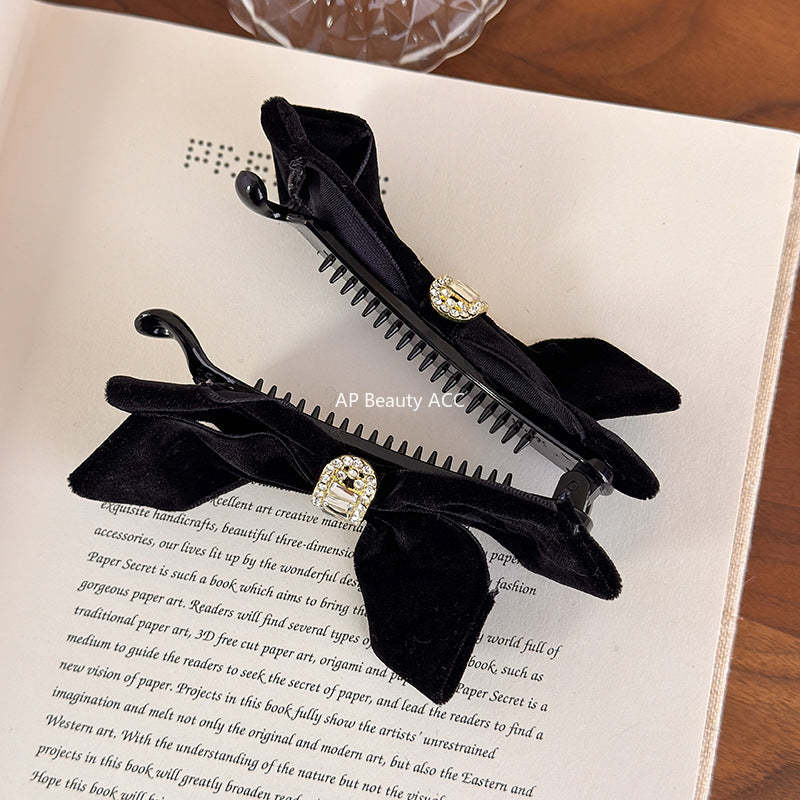 E廠-2025秋冬新款黑色絲絨蝴蝶結香蕉夾竪夾扎高馬尾頭飾髮夾女抓夾「27735」25.12-1