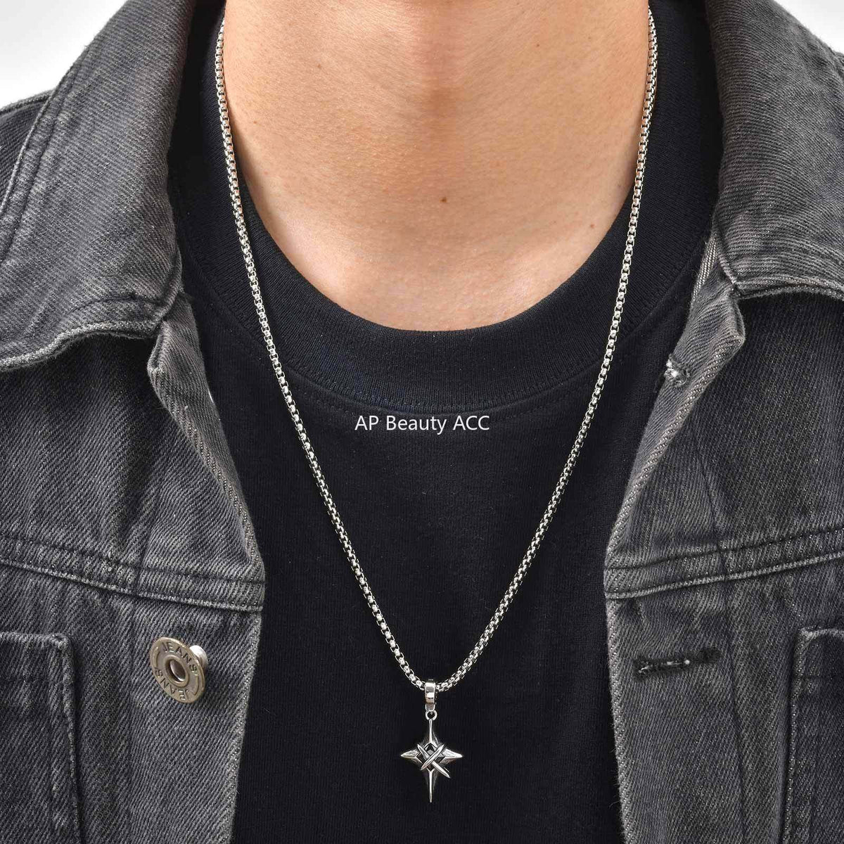 G廠-歐美日韓夜店酒吧嘻哈個性不鏽鋼四芒星鑲黑鋯石吊墜鋼「PN-2316」25.12-3