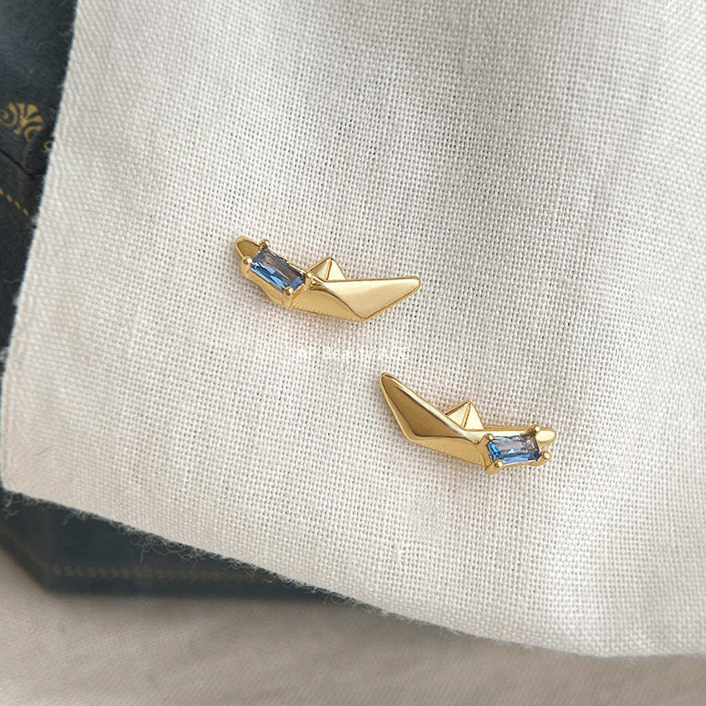 A廠-原創漂流船~鑲嵌海藍寶鋯石925銀針個性創意設計新款耳釘「7159」25.11-4