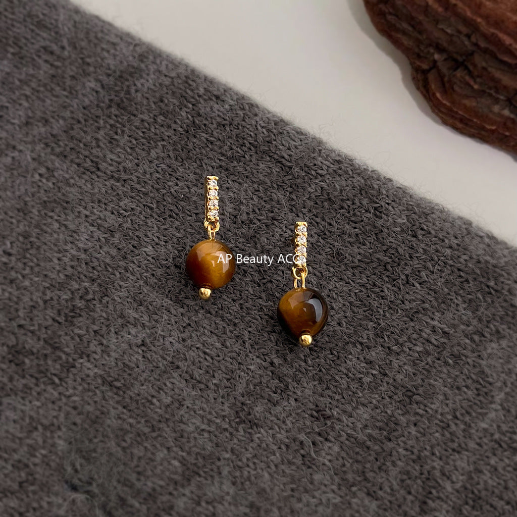 A廠-秋冬爆款美拉德風時尚高級感虎眼石微鑲鋯石小巧簡約耳環耳飾「7062」25.11-2