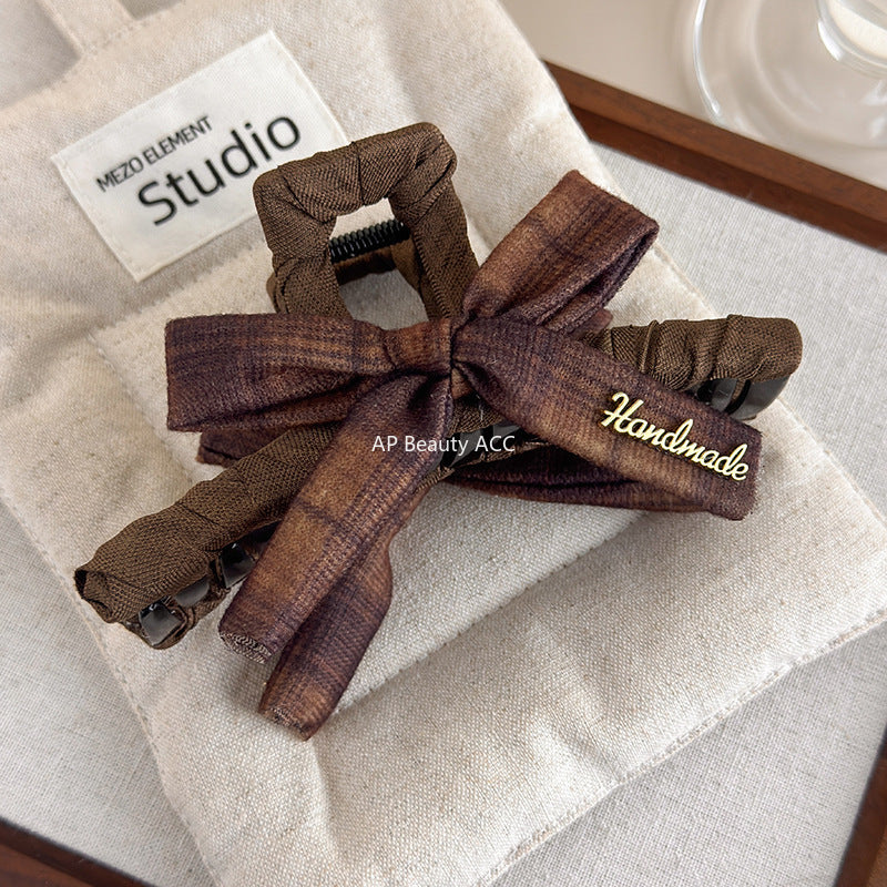 E廠-美拉德格紋蝴蝶結抓夾女高級感大號鯊魚夾子新款盤髮夾後腦勺頭飾「27659」25.11-2