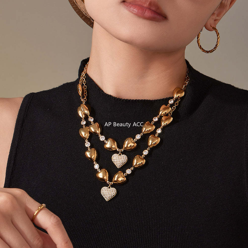 B廠-重工高質5A鋯石愛心滿鑽不鏽鋼空心項鍊鍍18k真金珠寶首飾「P1344」25.11-3