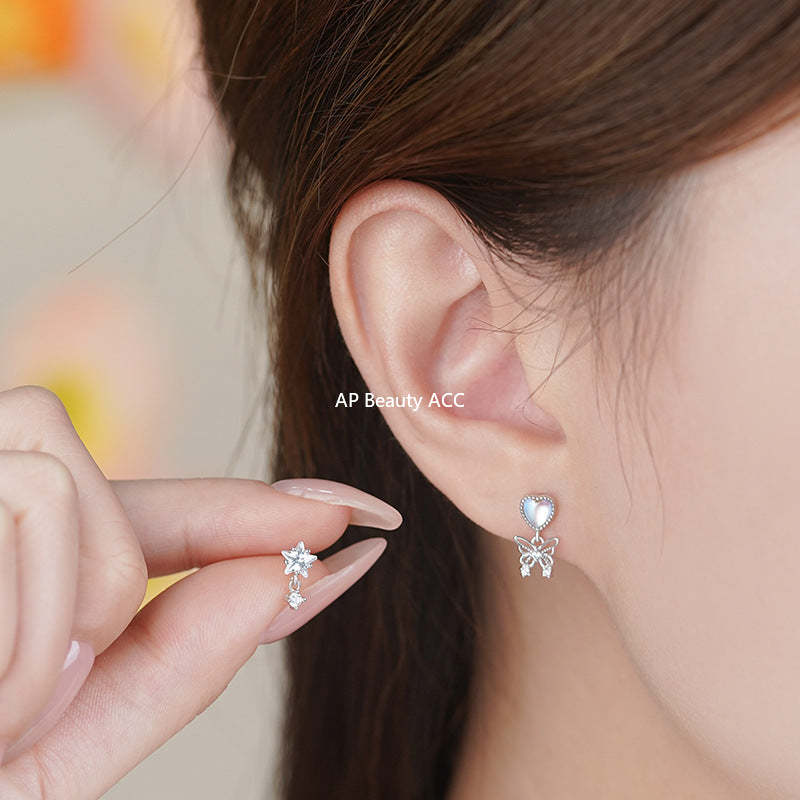 D廠-S925純銀不對稱愛心星星蝴蝶流蘇耳環女時尚個性耳骨耳環「YC5980E_1」25.11-1