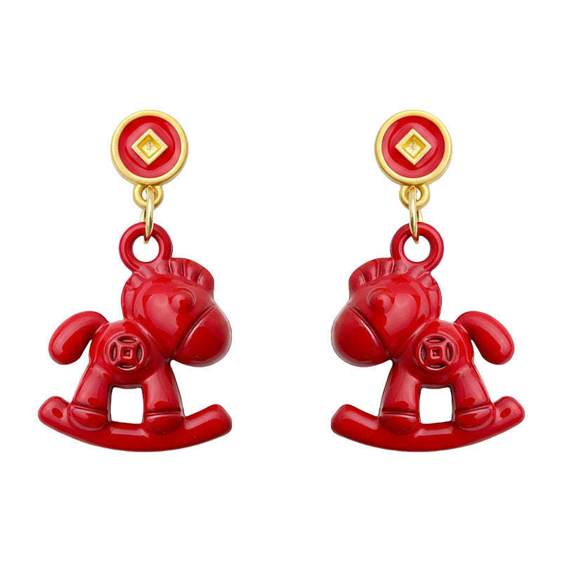 A廠-馬上有錢 馬年新年款木馬吉祥新款個性新中式耳環工廠飾品小紅馬耳飾「7207」25.12-2