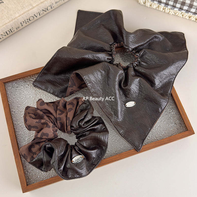 E廠-韓國ins風咖色豹紋拼接大腸髮圈女秋冬氛圍感氣質低馬尾頭繩髮飾「27622」25.11-1