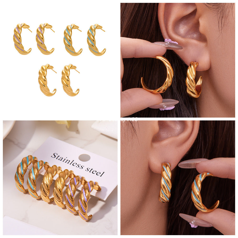 B廠-新款不鏽鋼幾何扭紋滴油耳環琺瑯彩釉時尚個性耳飾鍍18k金「F812」25.11-1