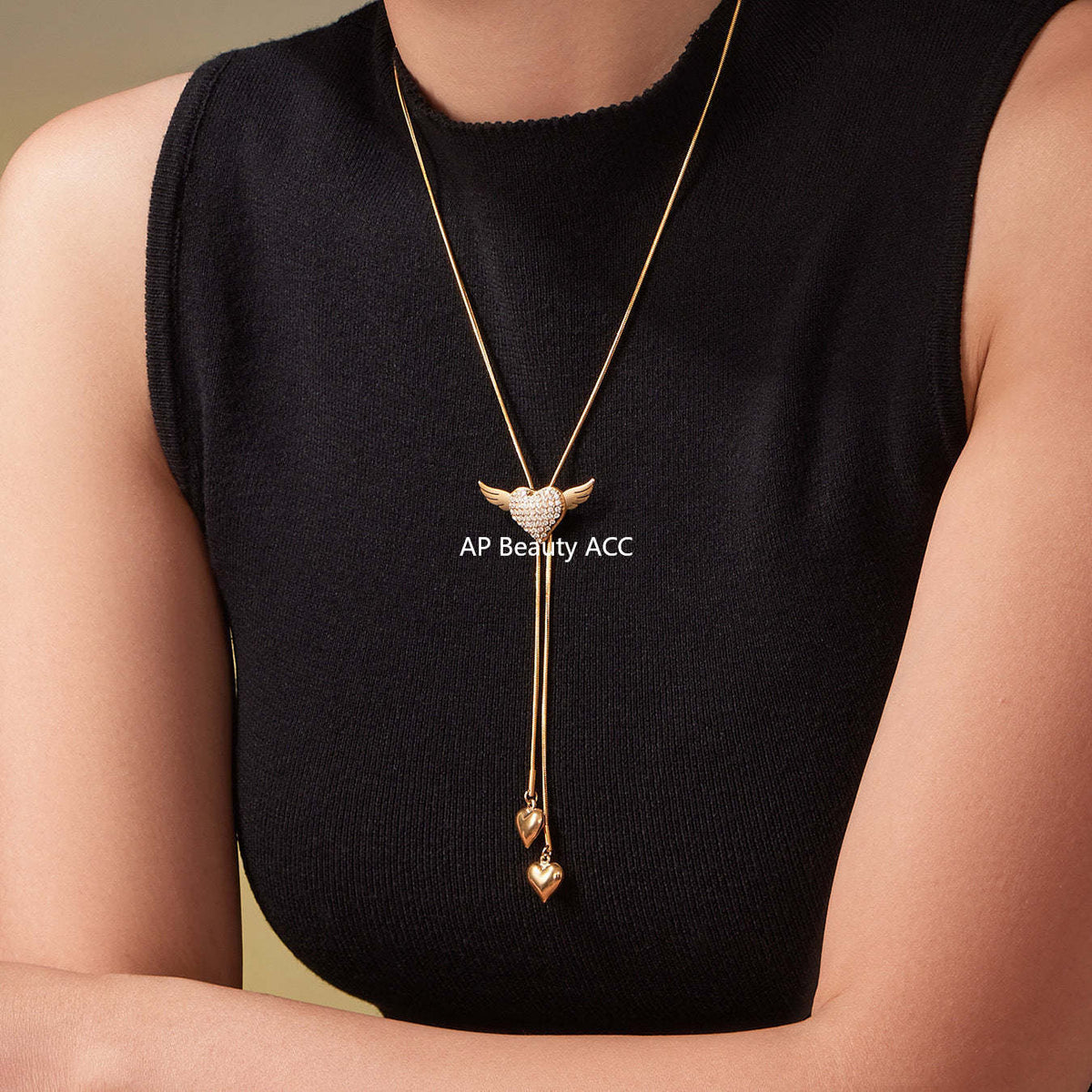 B廠-5A鋯石愛心翅膀抽拉項鍊個性ins冷淡風不鏽鋼流蘇項鍊批發「P1870」25.11-3