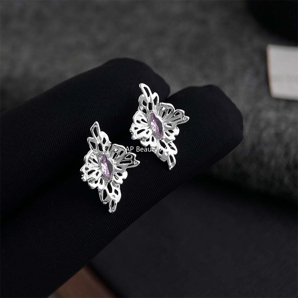 A廠-紫薇花原創設計師款s925銀針鑲嵌鋯石立體花朵新款耳飾工廠耳環女「7243」25.12-3