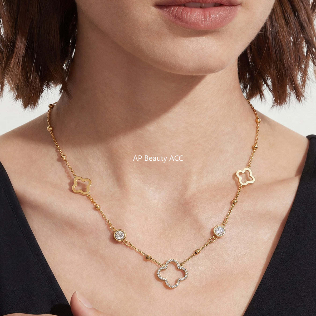 B廠-不鏽鋼5A鋯石Y字花朵流蘇項鍊鍍18k真金歐美時尚簡約輕奢珠寶首飾「P664」25.12-3