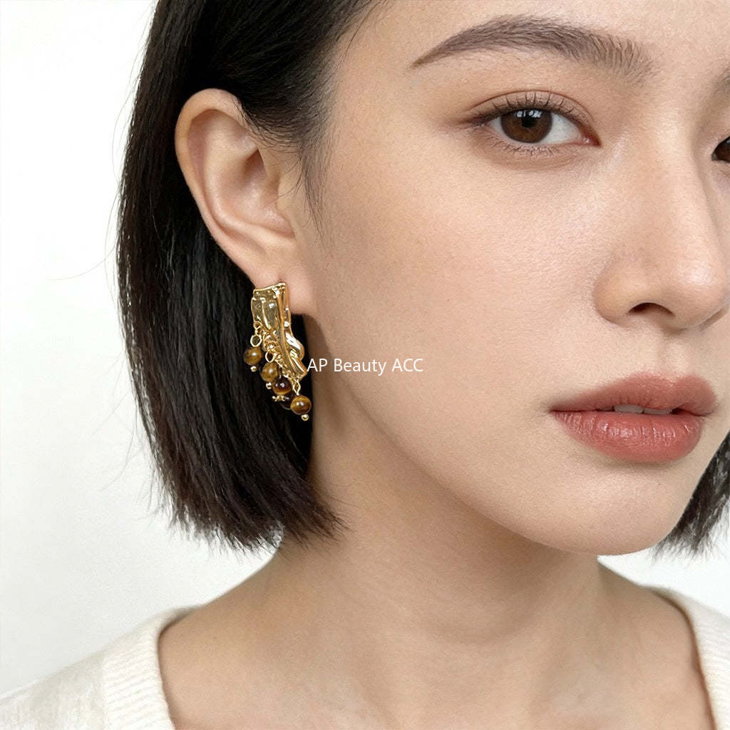 A廠-美拉德風文藝復古天然石虎眼石手工新款銀針耳環女氣質高級感耳飾「7212」25.12-2