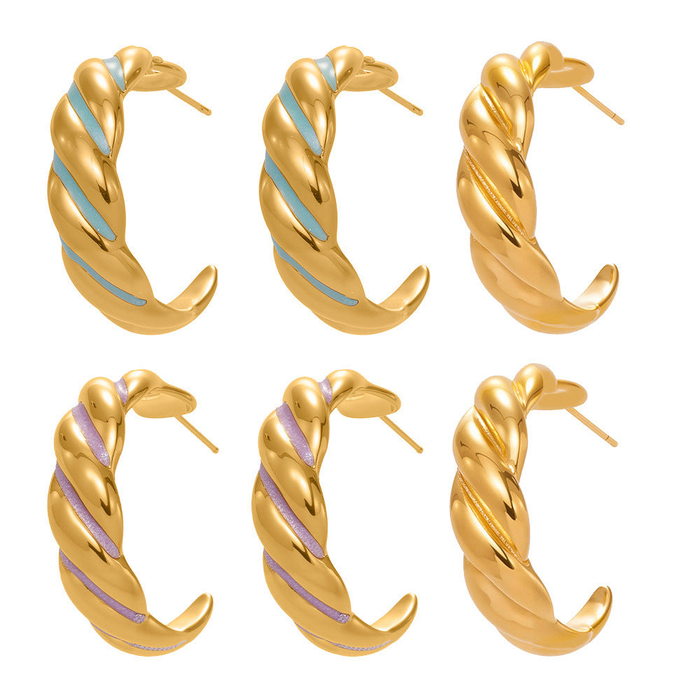 B廠-新款不鏽鋼幾何扭紋滴油耳環琺瑯彩釉時尚個性耳飾鍍18k金「F812」25.11-1