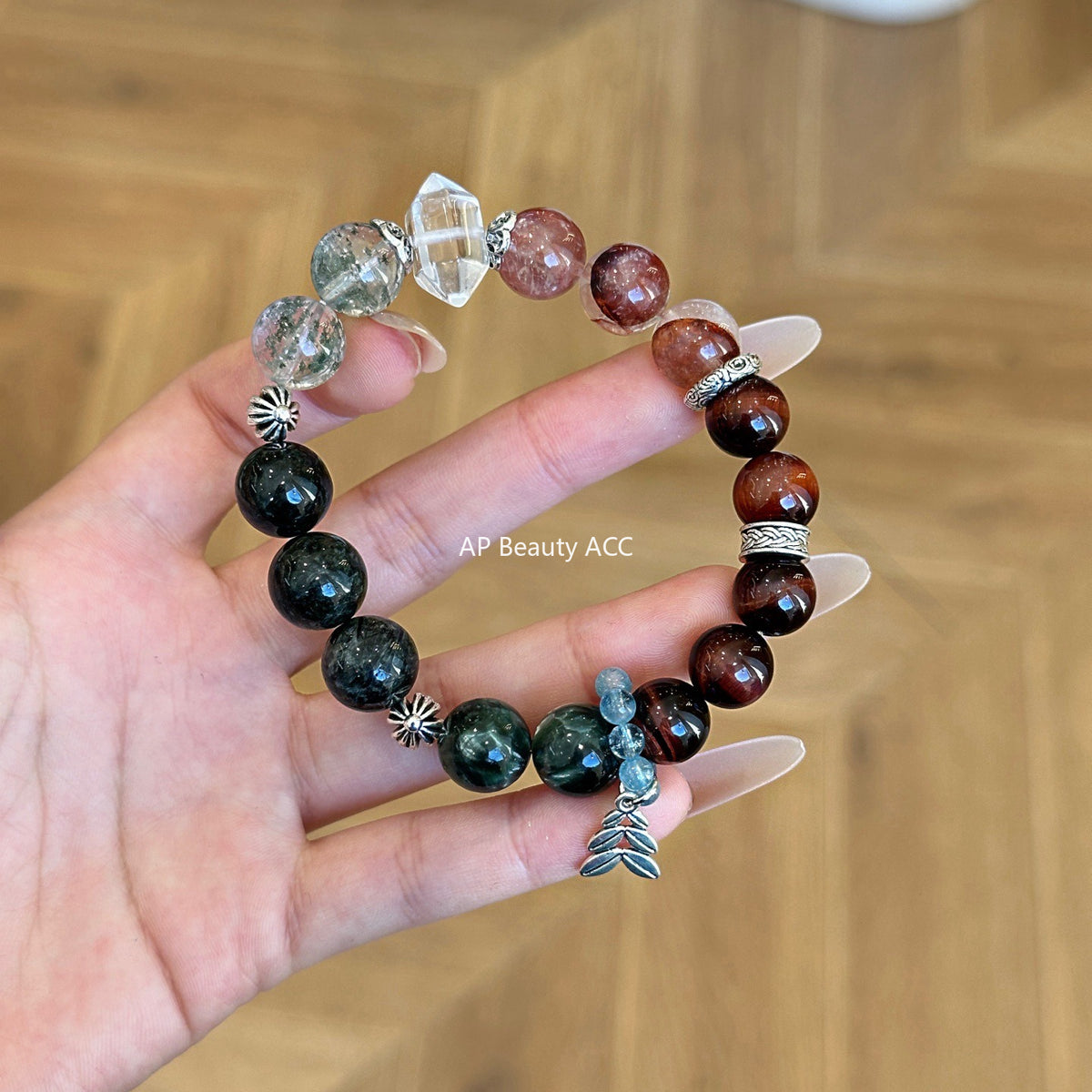 AS廠-天然綠髮晶紅虎眼紅膠花綠幽靈DIY設計多寶手鍊手串高級小眾「l2997」25.11-2