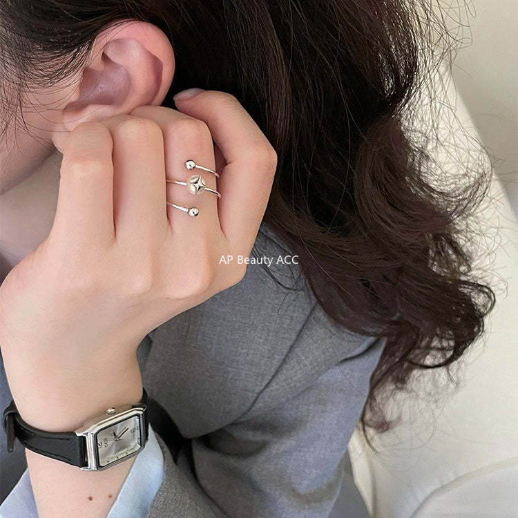 C廠-法式氣質名媛高級感珍珠戒指女百搭純銀疊戴風旋轉四芒星食指戒「JZ-0715」25.10-5