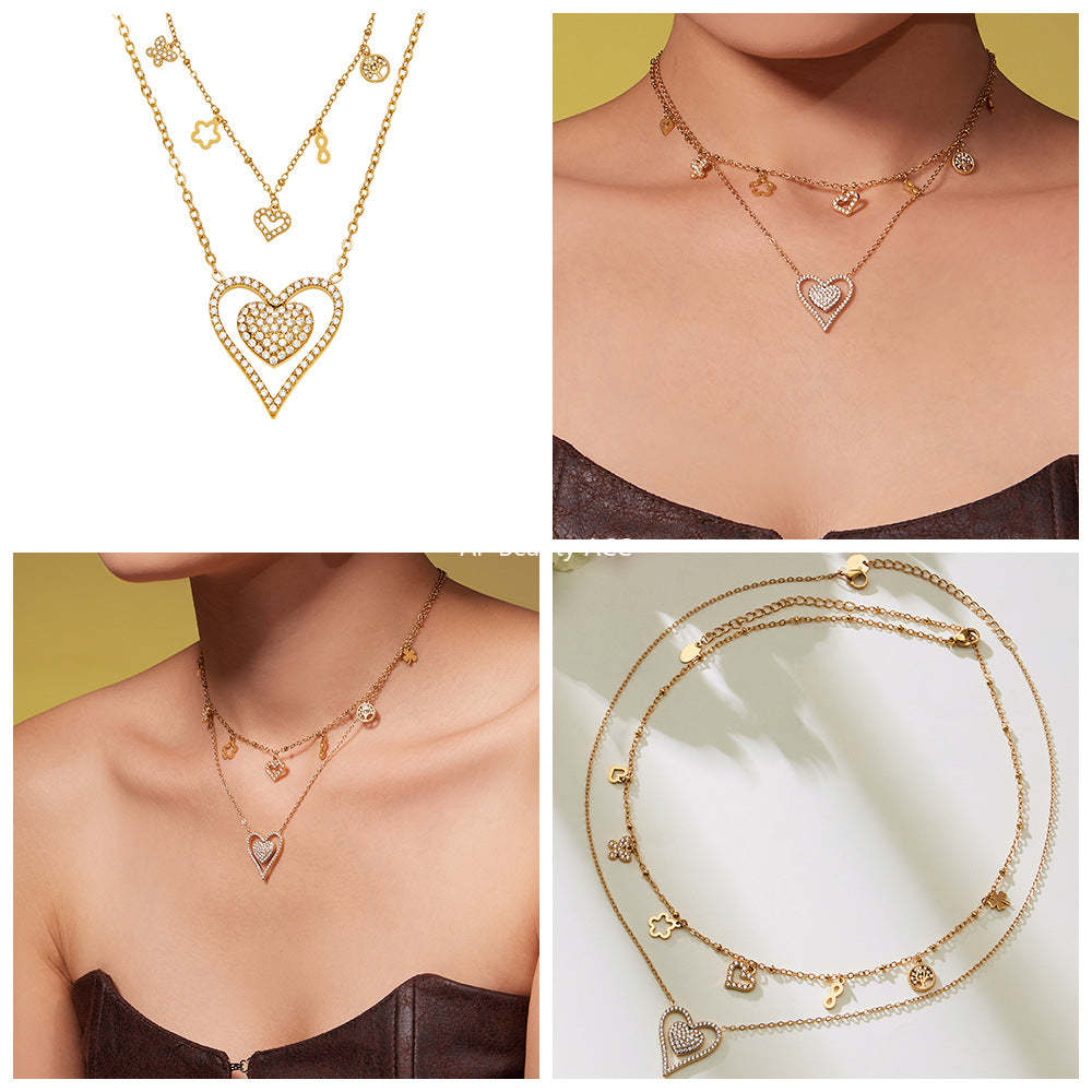 B廠-跨境新款靈動愛心滿鑽鋯石吊墜雙層鎖骨項鍊不鏽鋼鍍18k金「P874」25.11-4