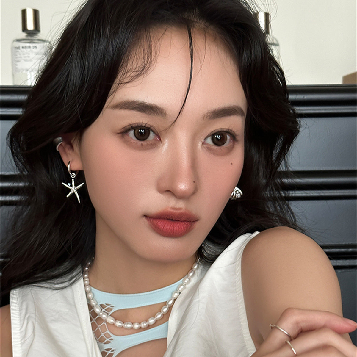 C廠-法式清冷感珍珠耳環女小眾時尚設計海星貝殼耳扣度假風不對稱耳飾「EH-3682」25.06-4