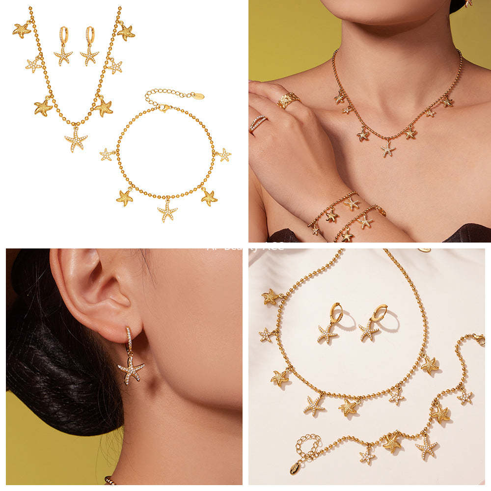 B廠-跨境新款不鏽鋼鋯石海星吊墜耳環項鍊手鍊套裝簡約鑲鑽配飾「TXP478」25.11-4