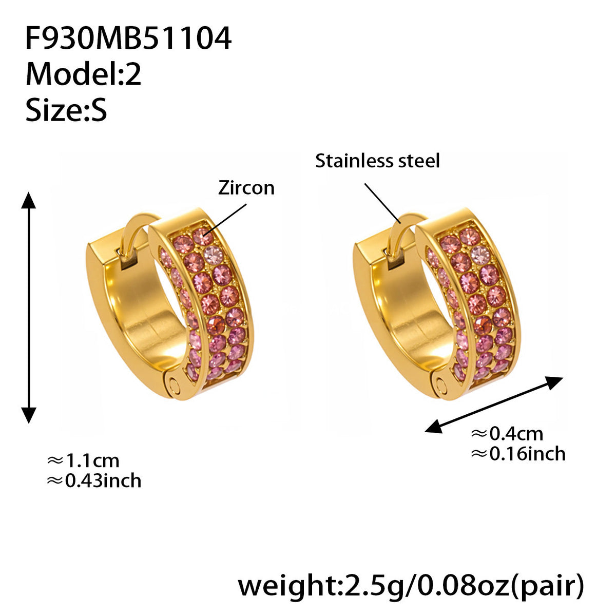 B廠-ins風高質量彩色5A鋯石圓圈卡扣耳環不鏽鋼鍍18k真金耳飾女「F930」25.11-2
