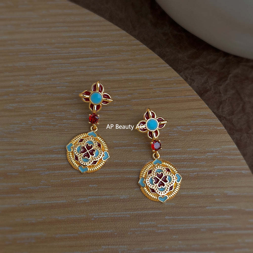 A廠-原創設計新中式民族風925銀針琺瑯滴釉彩繪文藝復古高級感耳飾 耳環「7038」25.11-1