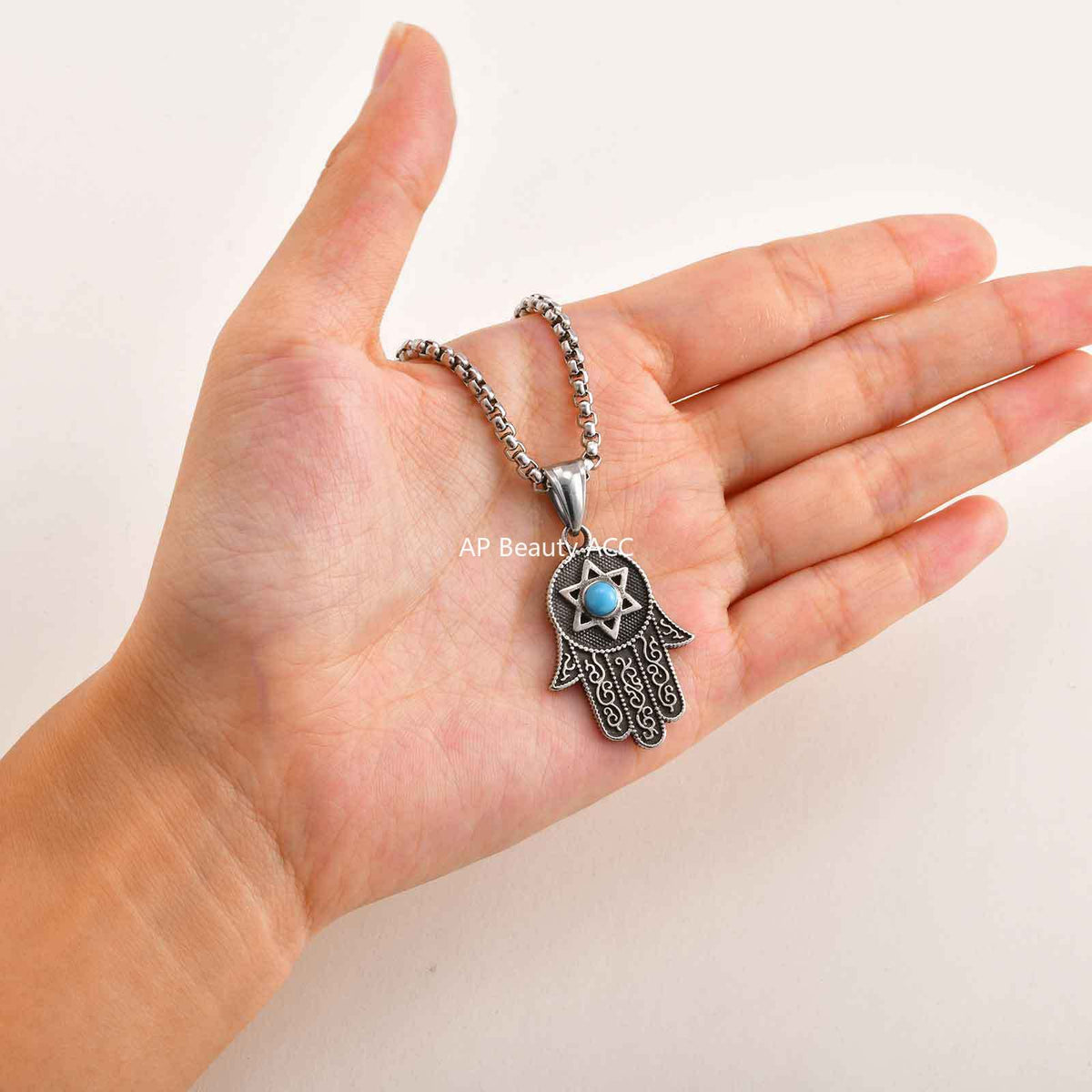 G廠-不鏽鋼項鍊批發個性六芒星綠松石法蒂瑪之手吊墜手掌鋼色「PN-2232」25.11-1