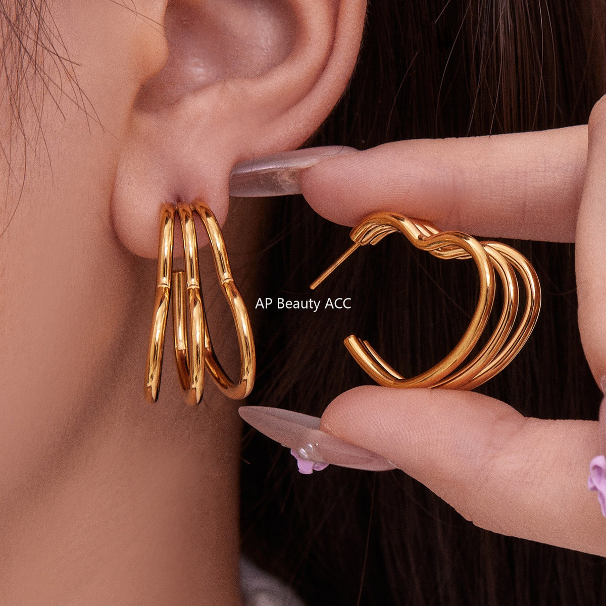 B廠-ins風小眾設計三層愛心形耳環不鏽鋼18k鍍金耳釘不掉色耳飾「F753」25.11-1