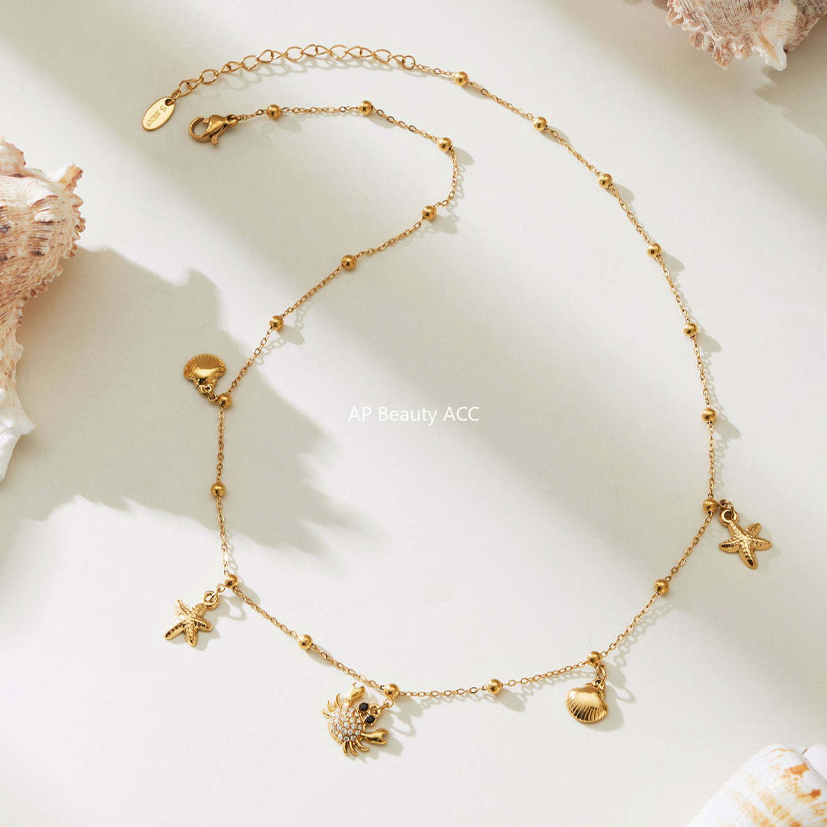 B廠-不鏽鋼DIY熱銷新款貝殼螃蟹5A鋯石帶鑽吊墜海洋沙灘風項鍊「P826」25.11-4