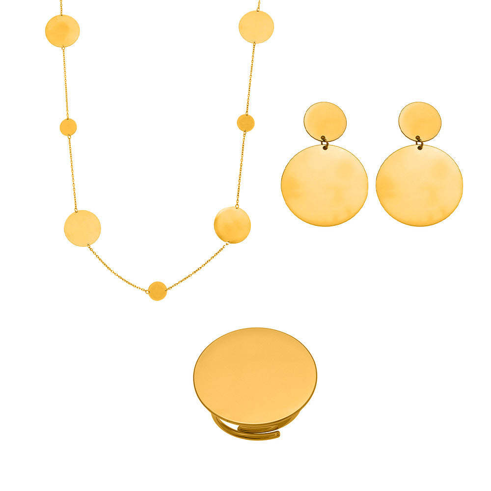 B廠-歐美簡約不鏽鋼大小圓圈項鍊耳環戒指套裝鍍18k金珠寶首飾「TXP458」25.10-5