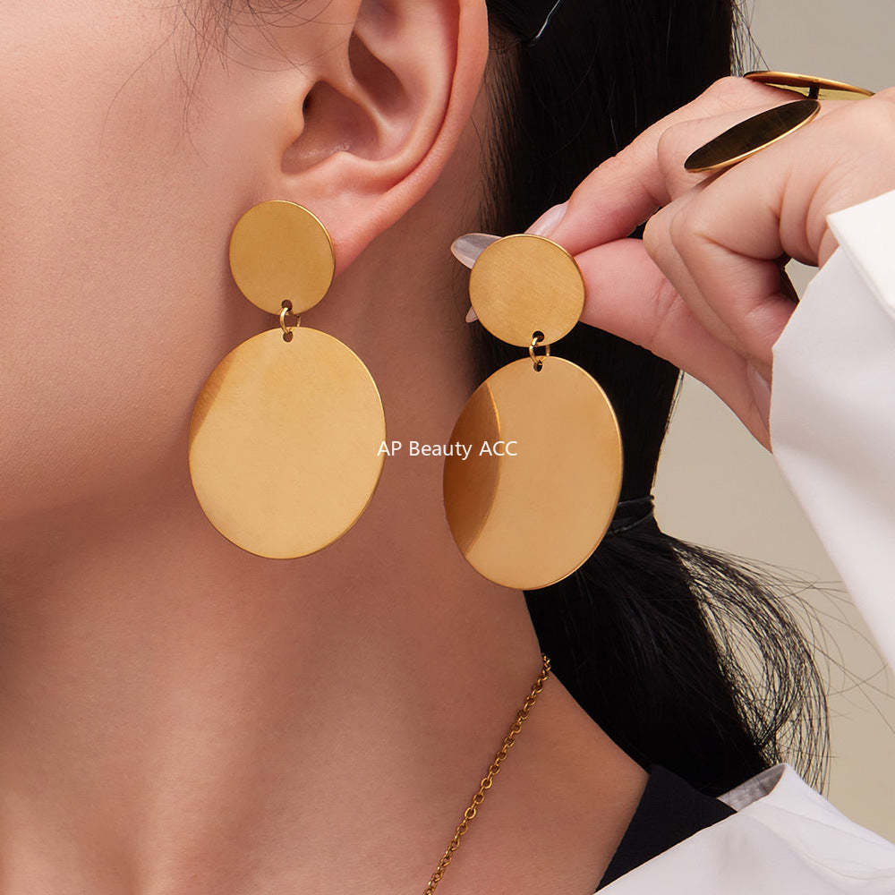 B廠-歐美簡約不鏽鋼大小圓圈項鍊耳環戒指套裝鍍18k金珠寶首飾「TXP458」25.10-5