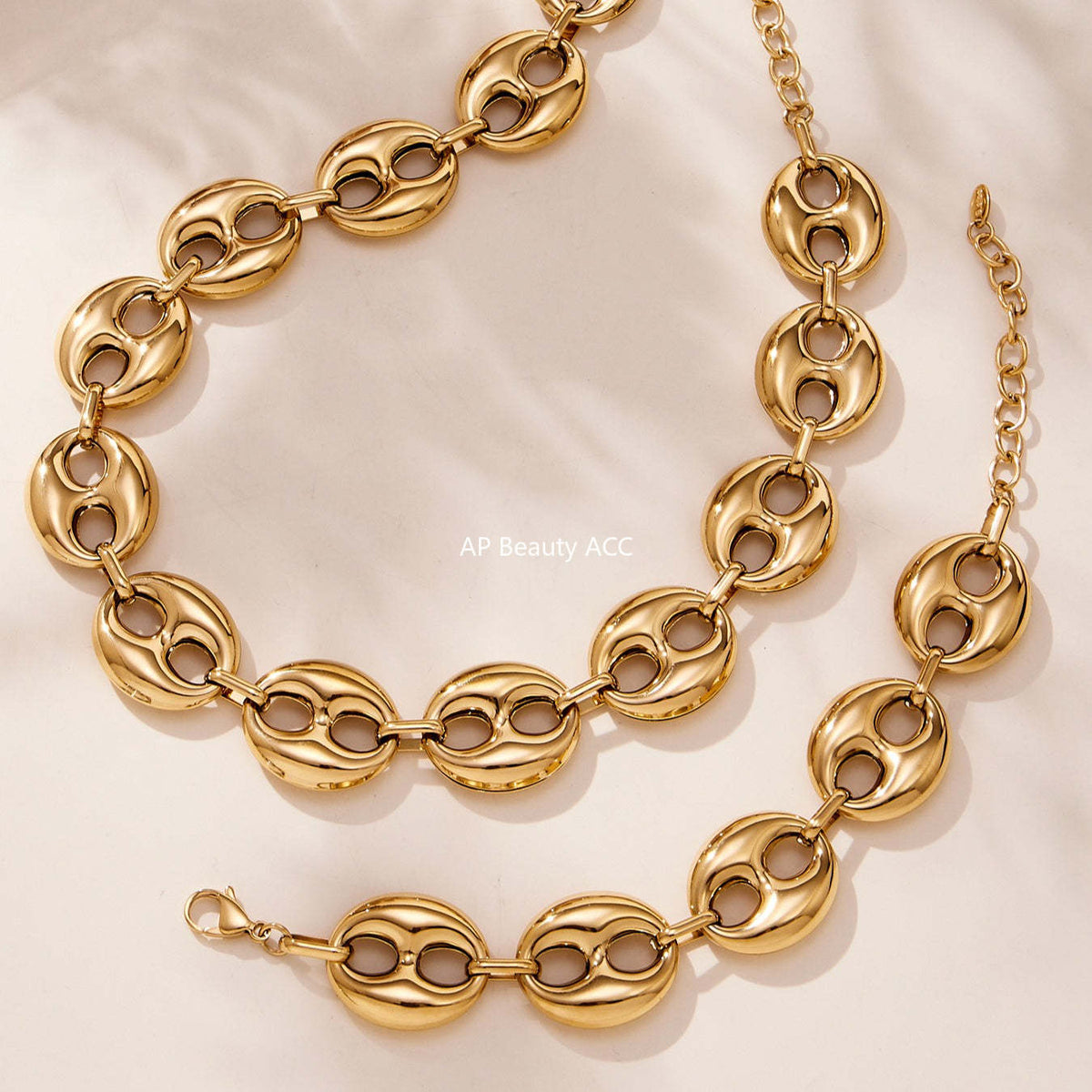 B廠-時尚輕奢風光面橢圓形豬鼻子項鍊手鍊套裝不鏽鋼鍍18k真金「TXP466」25.11-3