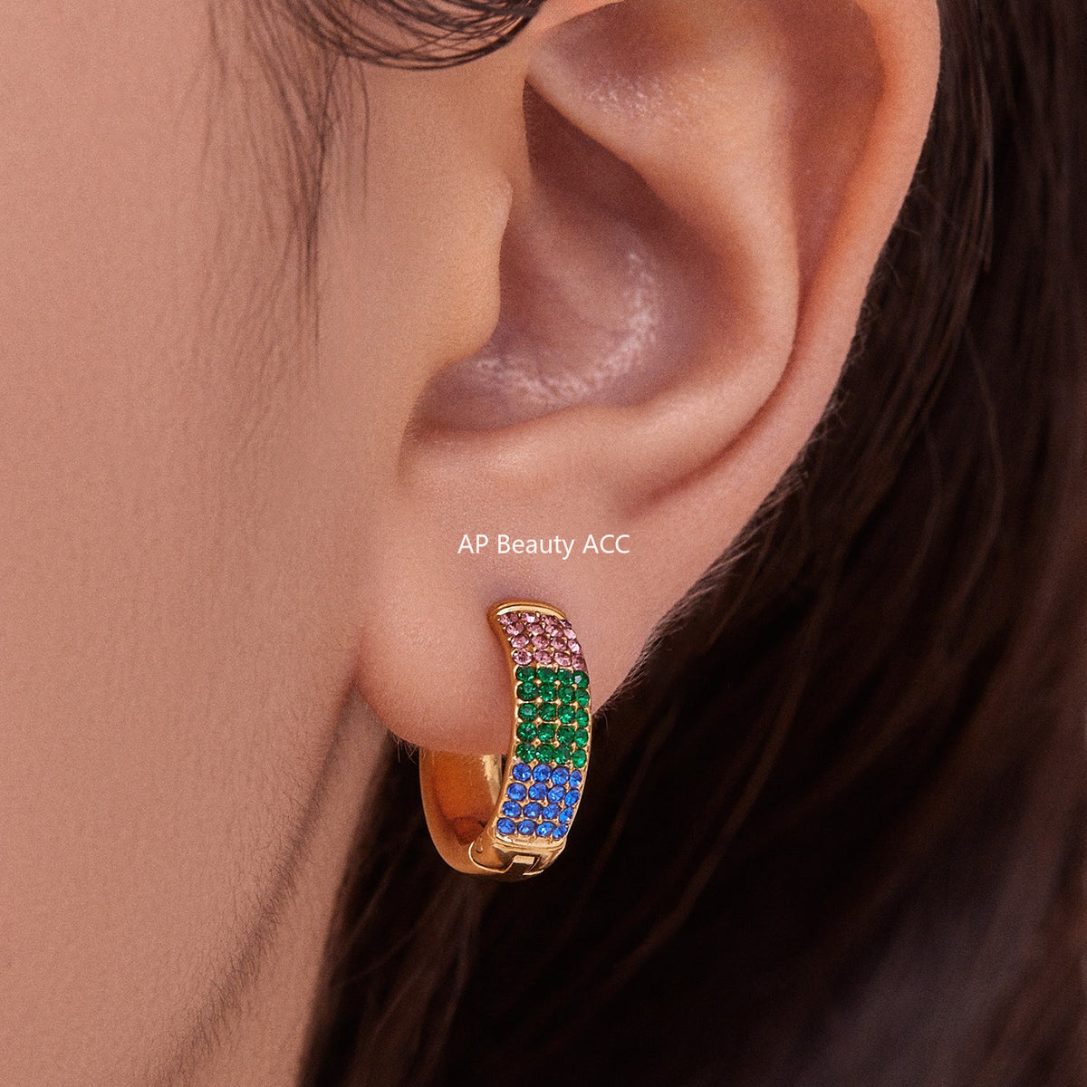 B廠-彩色鋯石拼色圓圈耳環大中小尺寸耳扣不鏽鋼鍍18k真金飾品「F931」25.11-2