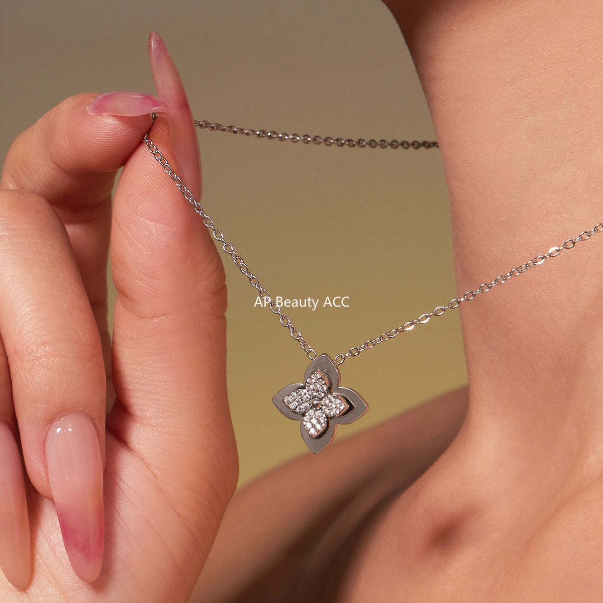 B廠-熱銷新品重十字夾珠鬱金香花朵鑲鋯石滿鑽鎖骨項鍊戒指套裝「TXP489」25.11-4