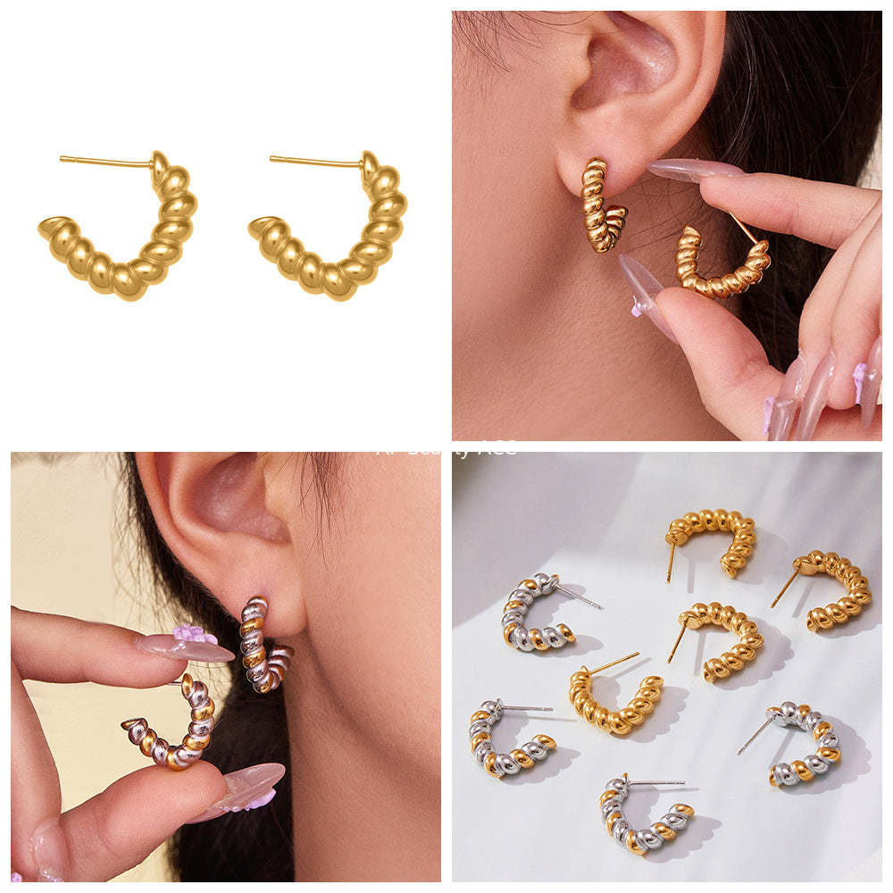 B廠-不鏽鋼重工螺紋麻花形狀耳環拼色間電鍍18k金簡約新潮耳釘「F970」25.10-5