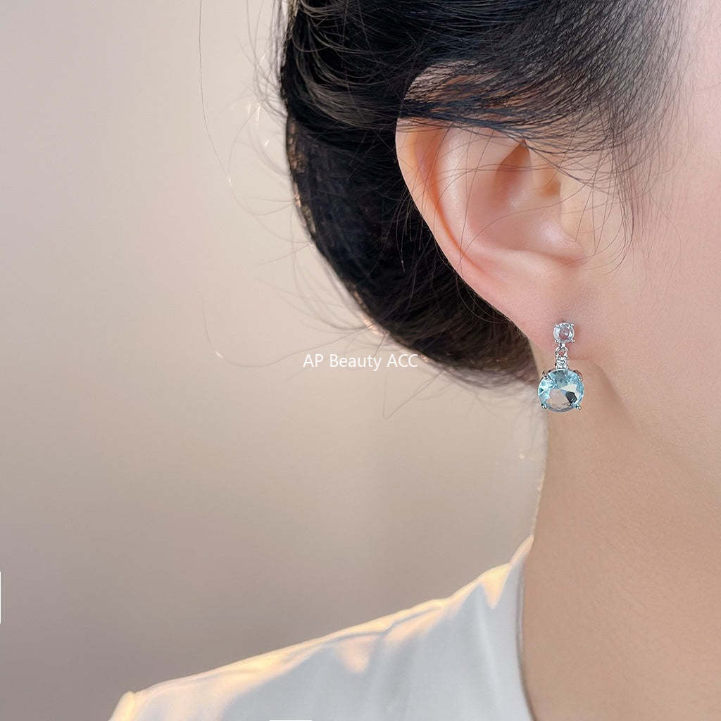 A廠-海藍色時尚高級感清新甜美鋯石耳環幾何簡約通勤飾品工廠耳飾「7053」25.11-4