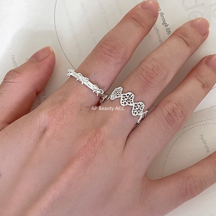 C廠-宮廷風蕾絲花邊純銀戒指輕奢小眾高級感蝴蝶結食指戒百搭氣質指環「JZ-0726」25.11-1