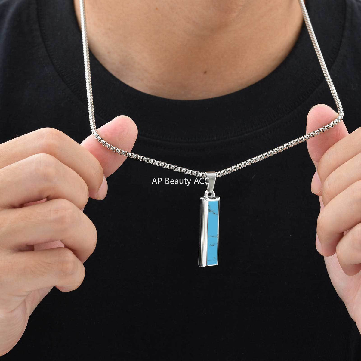 G廠-批發歐美跨境男士時尚百搭不鏽鋼瑪瑙綠松石幾何吊墜項鍊「PN-2221」25.11-1