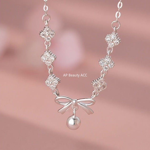 D廠-S999足銀淡雅四葉花蝴蝶結項鍊女甜美優雅氣質高級小眾鎖骨鏈「YC2220N_1」25.11-1