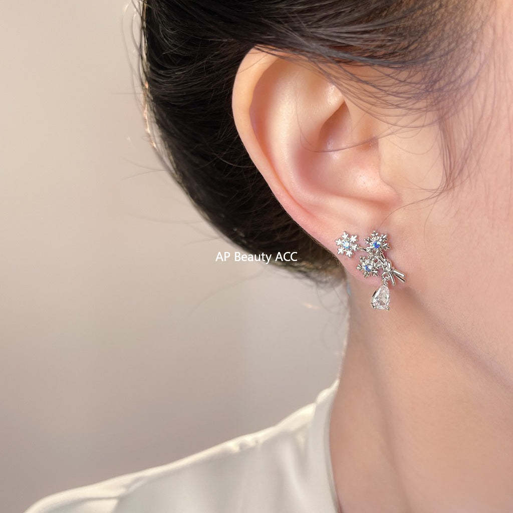 A廠-原創飄雪~海藍寶鋯石925銀針雪花設計師耳環氣質個性創意新耳飾「7158」25.11-4