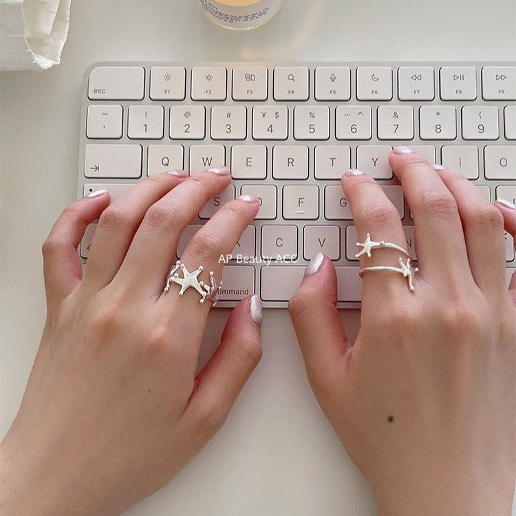 C廠-韓版純銀旋轉星星戒指女復古時尚設計感指環小眾高級感ins食指戒「JZ-0716」25.11-1