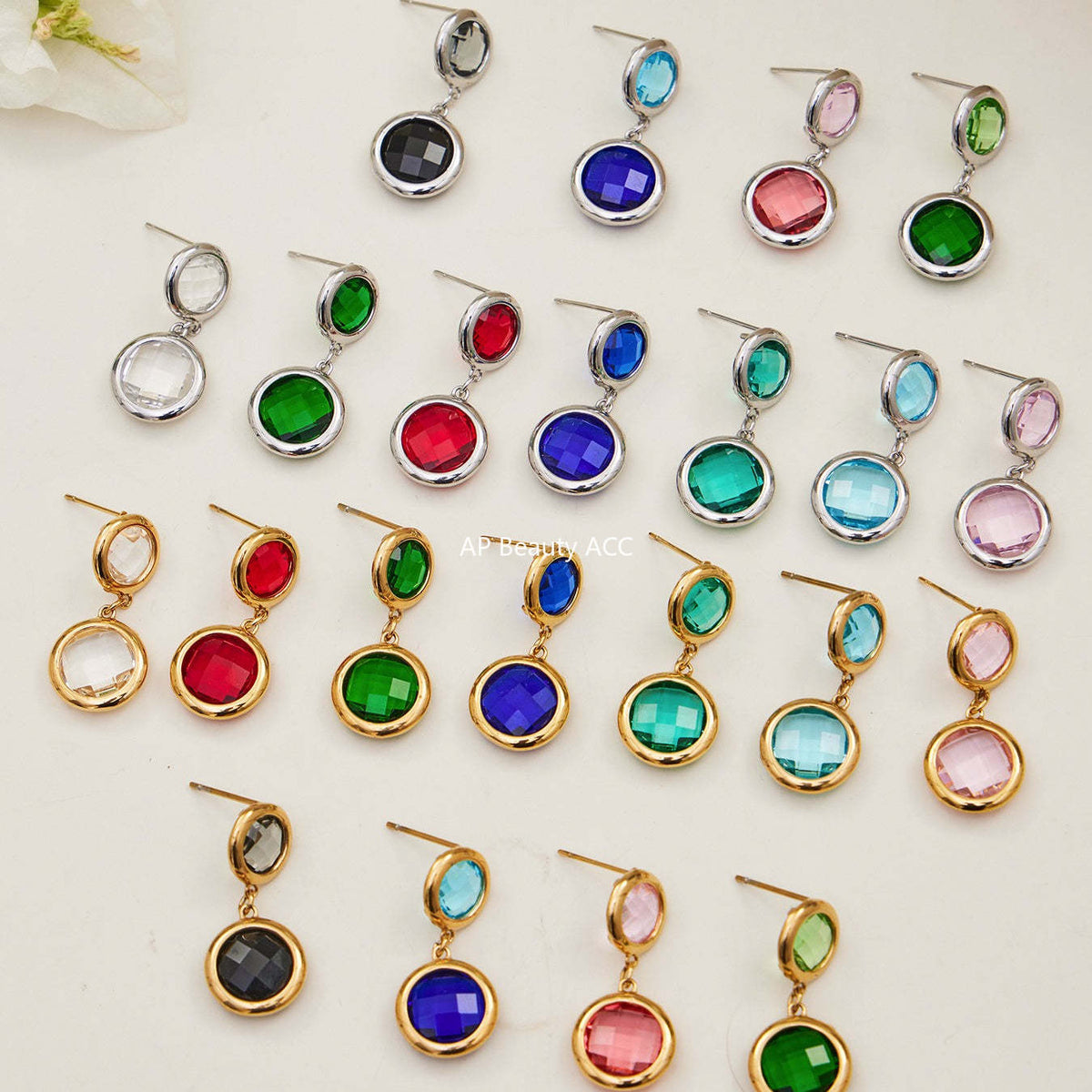 B廠-不鏽鋼滿鑽鋯石切麵包邊玻璃石手鍊耳環鍍18k真金首飾套裝不掉色「TXE508」25.12-1