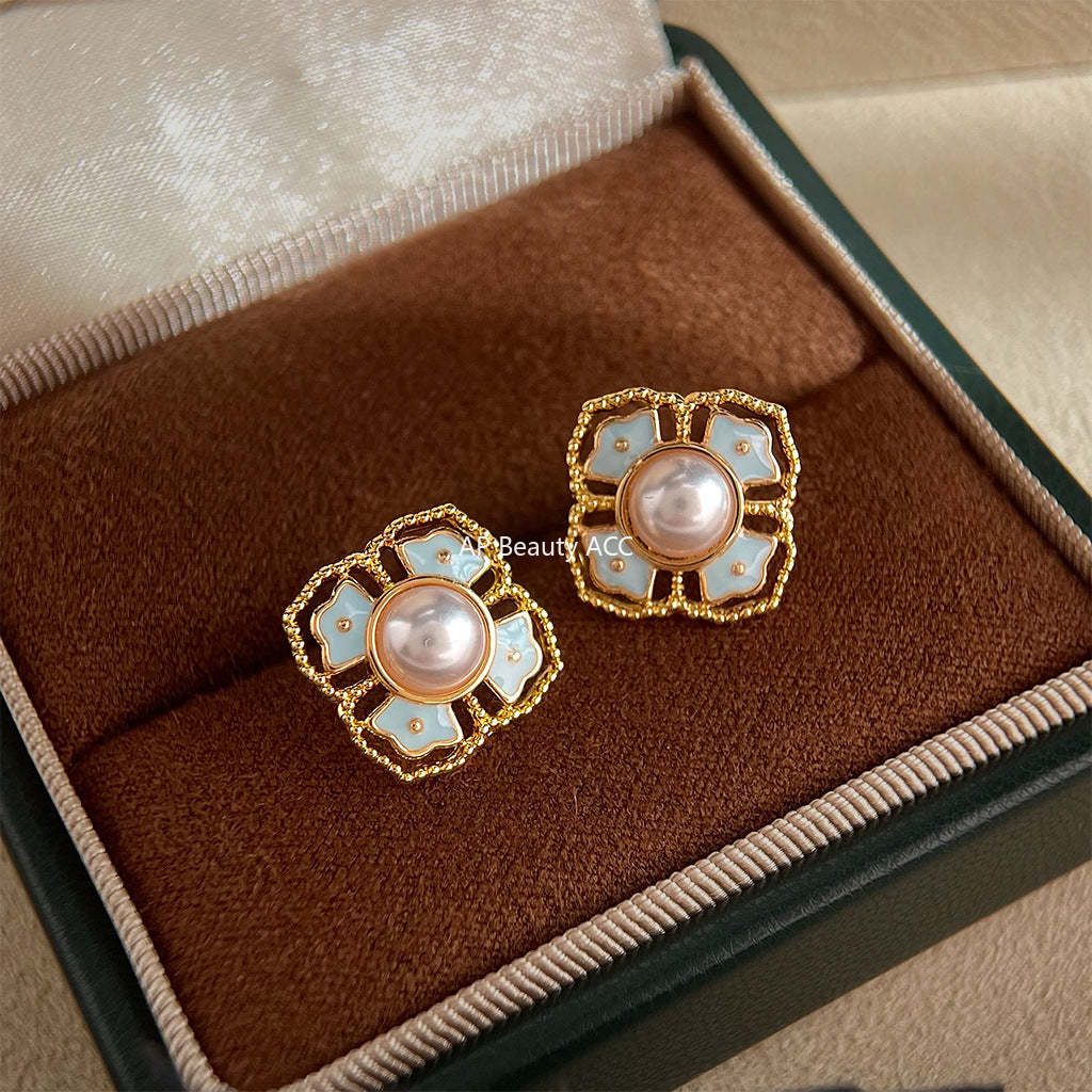 A廠-原創新中式紋樣 925銀針琺瑯滴釉復古花紋宮廷耳釘「7151」25.12-1