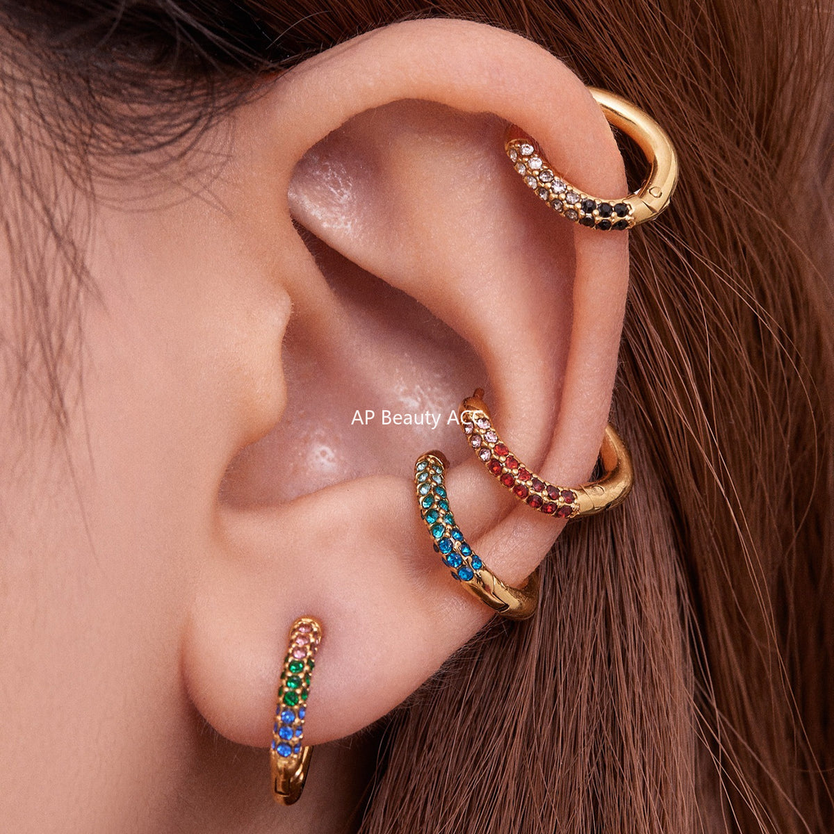 B廠-超閃5A彩色鋯石小耳環卡扣耳飾不鏽鋼鍍18k真金跨境熱銷款「F752」25.11-1