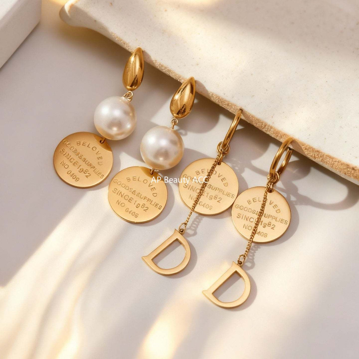 B廠-不鏽鋼圓牌字母大膠珠吊墜耳環跨境小眾設計耳飾鍍18k真金不掉色「F860-F861」25.12-2