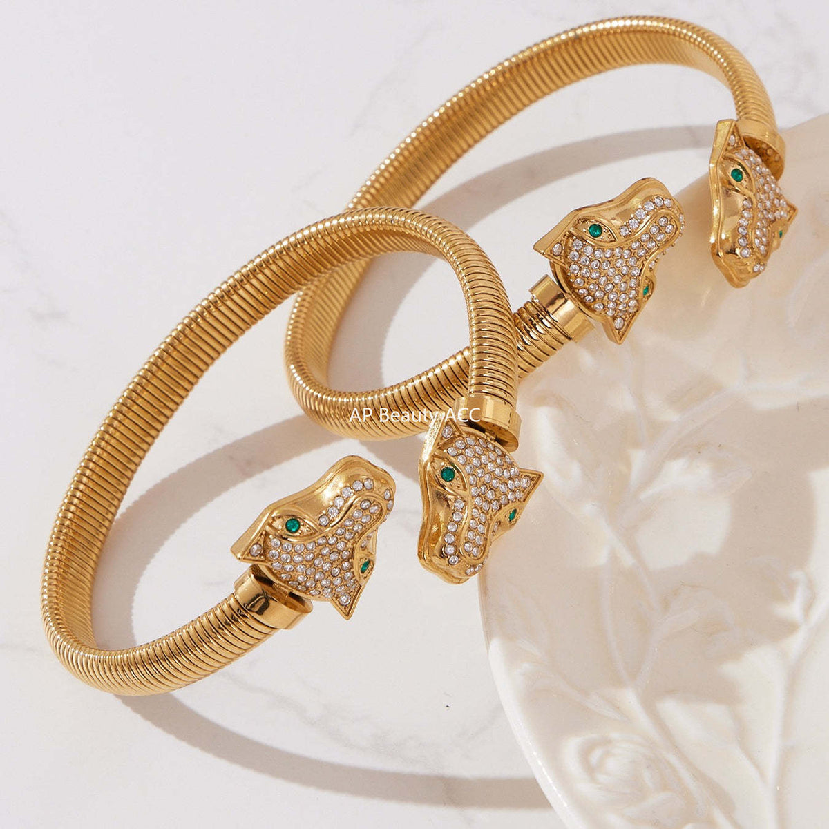 B廠-歐美新款雙豹子頭滿鑽5A鋯石開口彈力手鐲不鏽鋼鍍18k真金「Z506-Z507-Z508」25.10-5