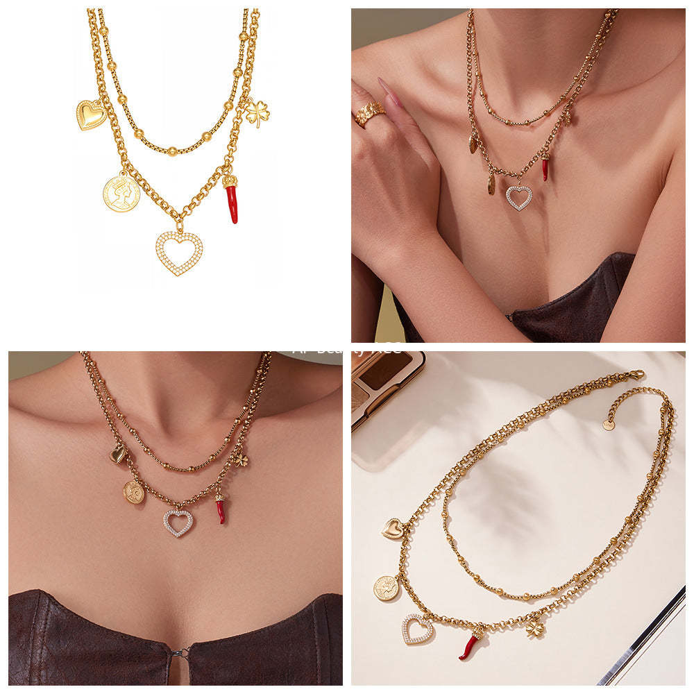 B廠-不鏽鋼雙層疊戴項鍊 ins愛心鋯石多吊墜歐美百搭輕奢鎖骨鏈「P170」25.11-3