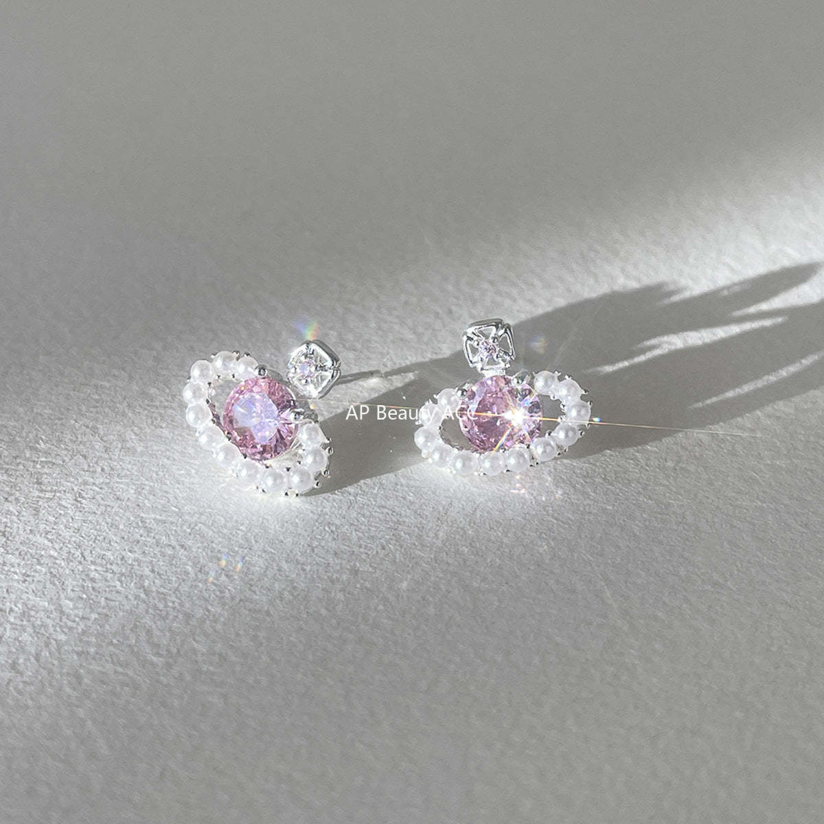 C廠-輕奢小香風粉鋯石星球耳釘女小眾甜美珍珠耳環時尚通勤百搭耳飾「EH-4313」25.12-3