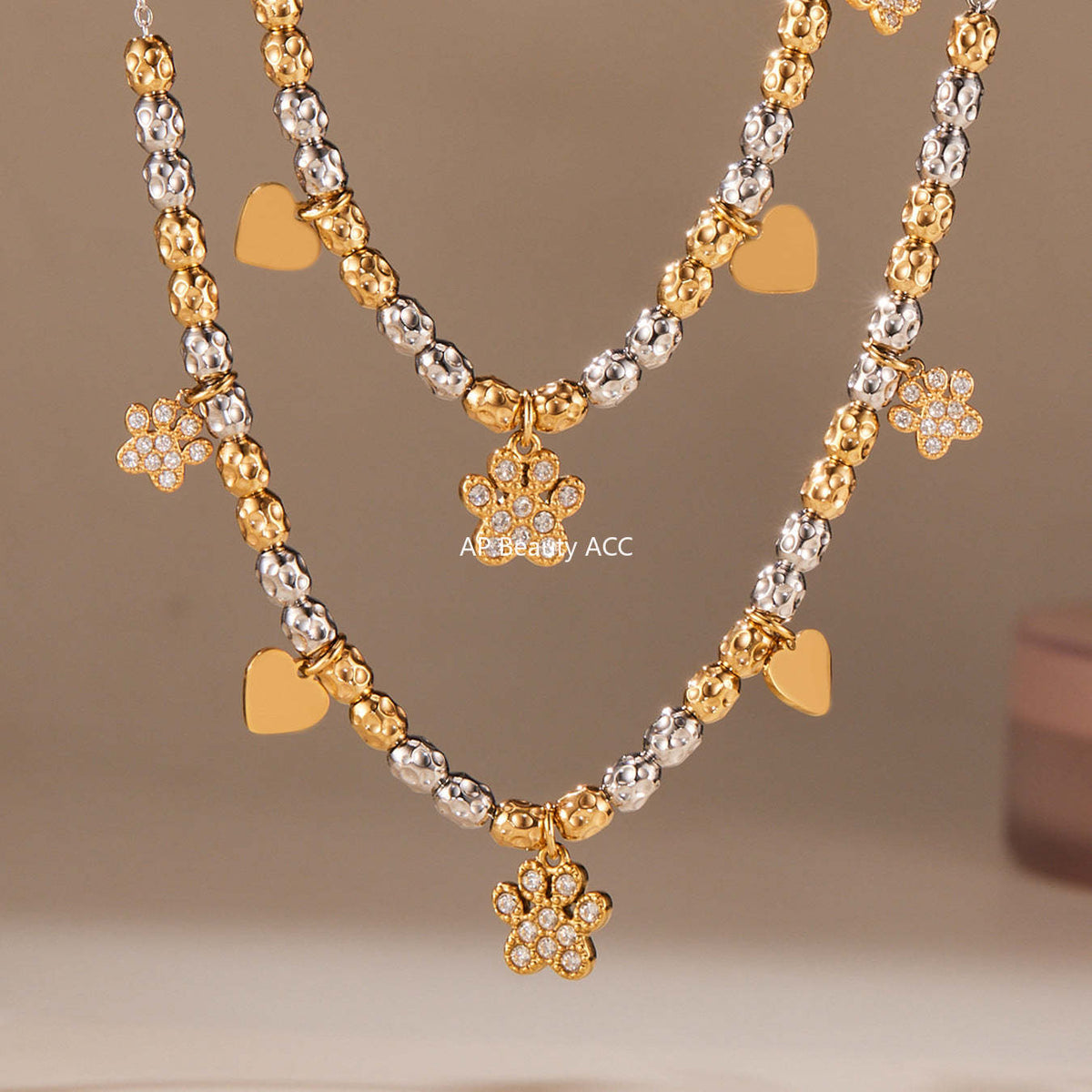 B廠-簡約不鏽鋼拼色項鍊手鍊套裝四葉草鑲嵌鋯石吊墜鍍18k真金「TXP467-TXE467」25.11-3